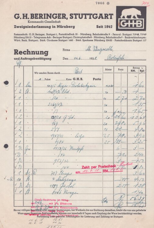 G. H. Beringer GmbH - Rechnung - 14.06.1933