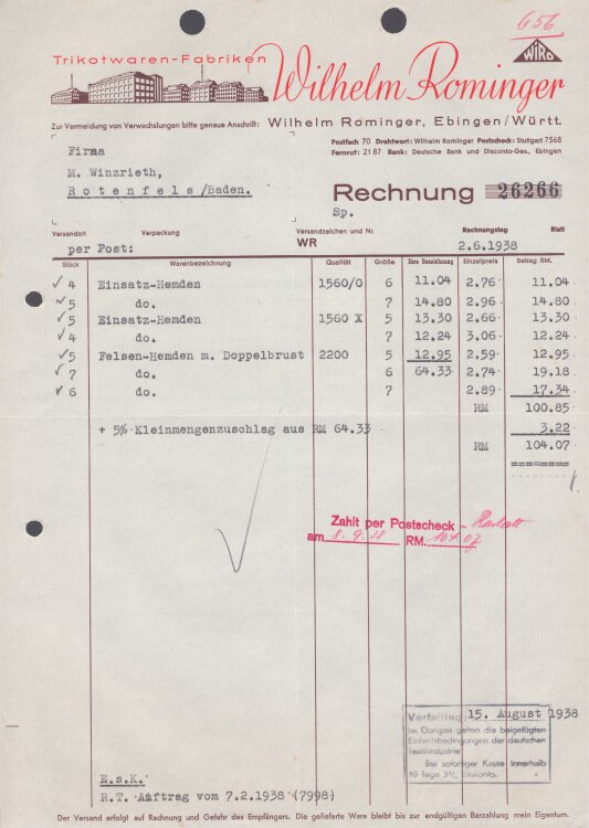 Wilhelm Rominger Trikotwaren-Fabriken - Rechnung - 02.06.1938