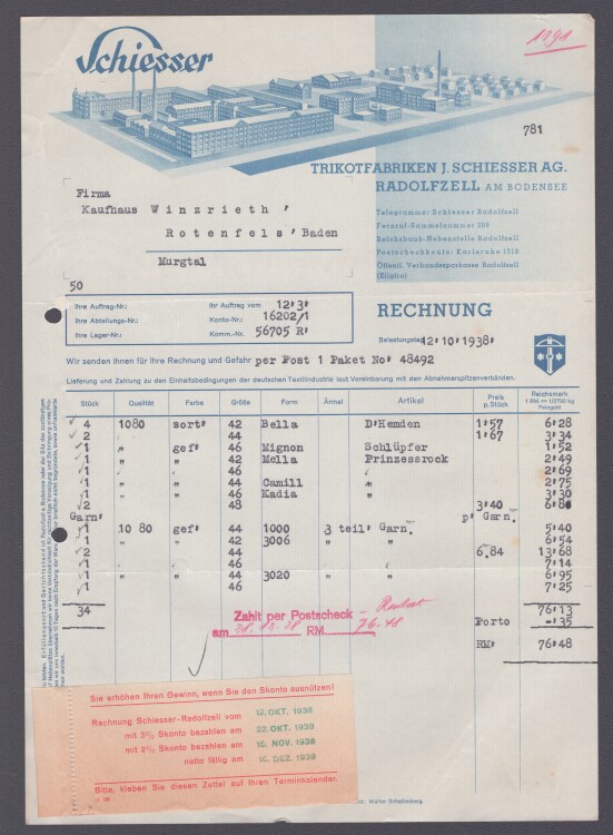 Trikotfabriken J. Schiesser AG - Rechnung - 12.10.1938