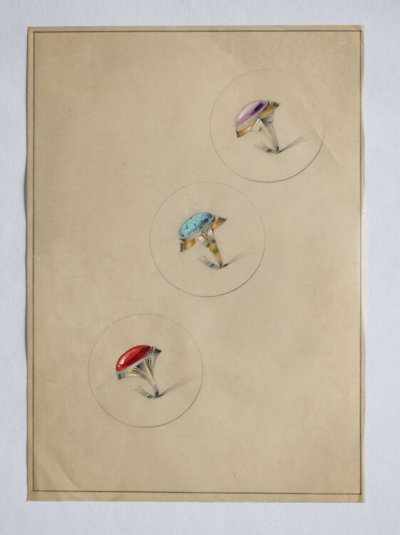 Gebrüder Casper - Entwurfszeichnung Schmuckringe lila, türkis, rot - o.J. - Aquarell