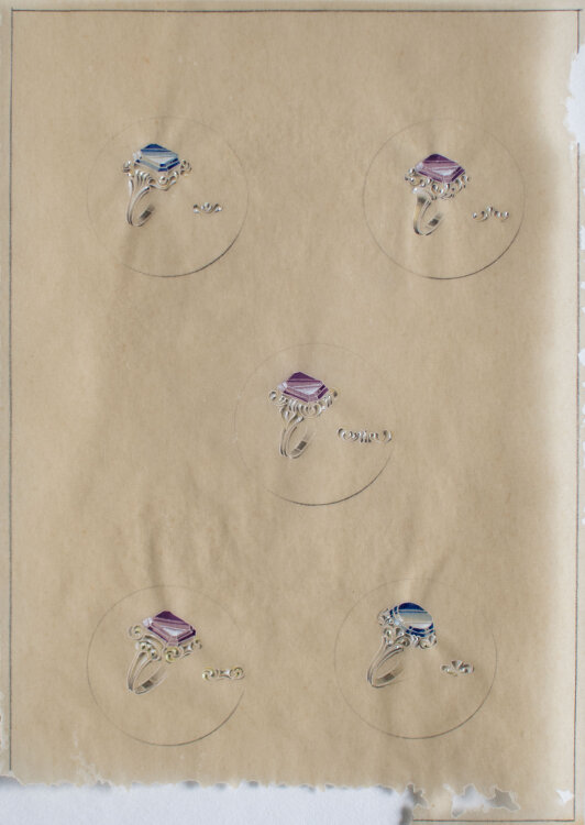 Gebrüder Casper - Entwurfszeichnung Schmuckringe lila und blau - o.J. - Aquarell