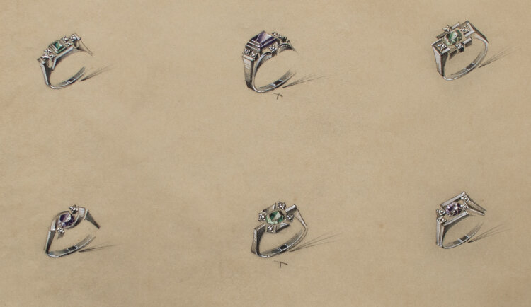 Gebrüder Casper - Entwurfszeichnung Schmuckringe lila, grün - o.J. - Aquarell