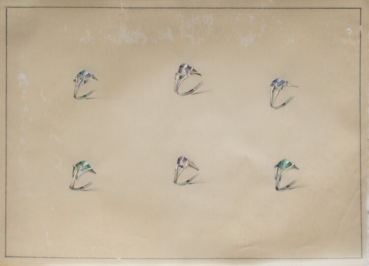 Gebrüder Casper - Entwurfszeichnung Schmuckringe blau, lila und grün - o.J. - Aquarell