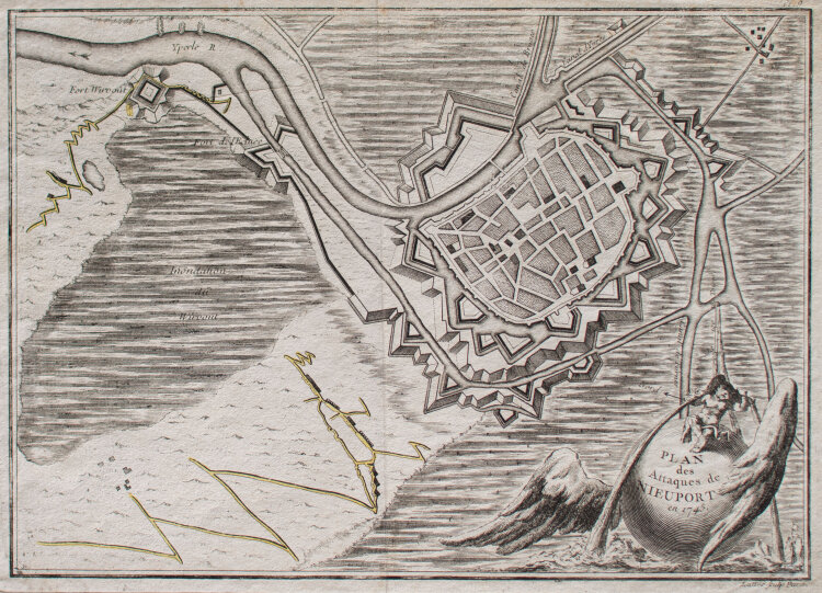 Pierre du Mortous - Belagerungskarte von Nieuwpoort 1745 - 1759 - Farbradierung
