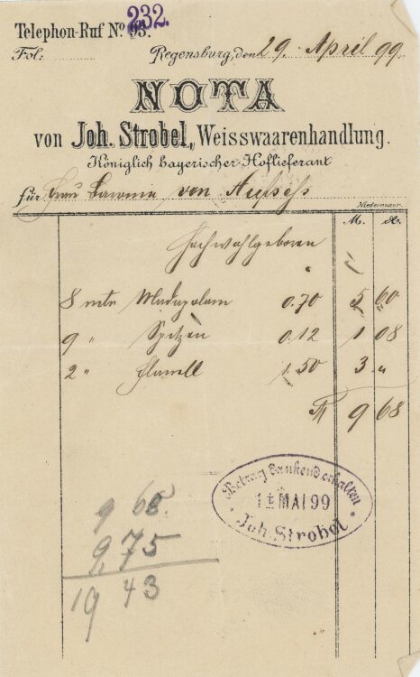 Joh Strobel Weisswarenhandlung - Rechnung - 29.04.1899