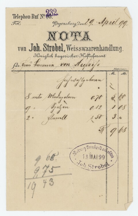 Joh Strobel Weisswarenhandlung - Rechnung - 29.04.1899