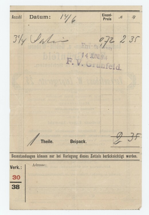 Landshuter Leinen und Gebild-Weberei F. V. Grünfeld - Rechnung - 14.06.1894