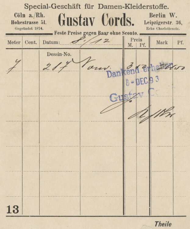 Gustav Cords Spezialgeschäft für Damen-Kleiderstoffe - Rechnung - 08.12.1893
