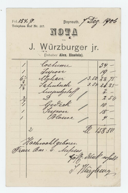 J. Würzburger jr. (Inhaber Alex. Einstein) - Rechnung - 01.12.1906