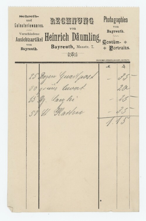 Heinrich Däumling - Rechnung - ohne Datum