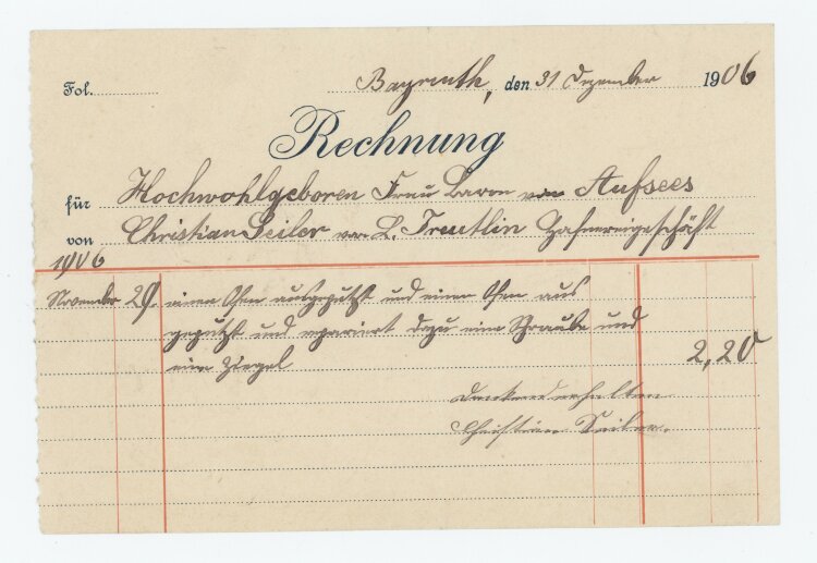 Christian Seiler - Rechnung - 31.12.1906