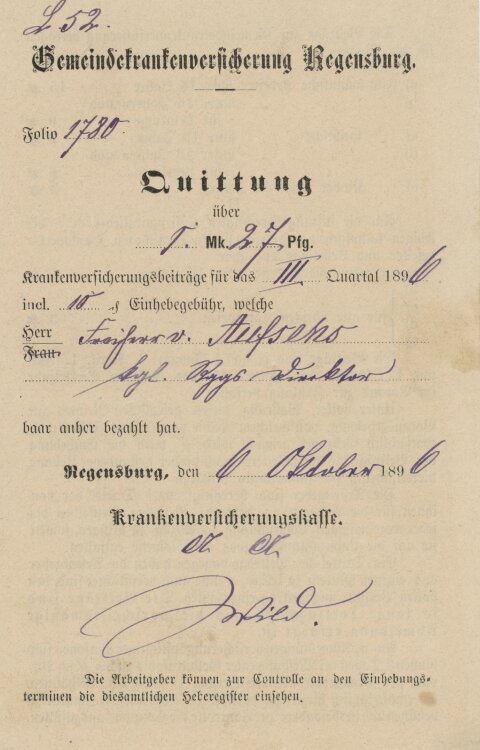 Gemeindeversicherung - Quittung - 06.10.1896