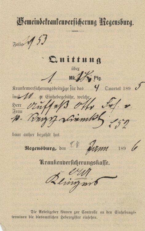 Gemeindeversicherung - Quittung - 14.01.1896