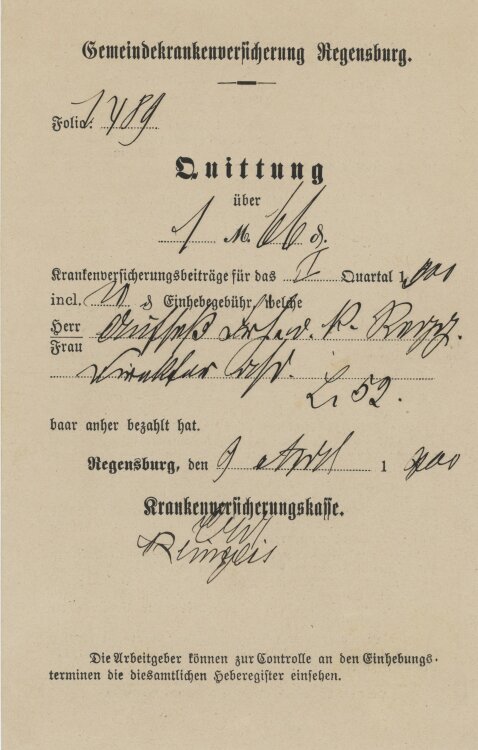 Gemeindeversicherung - Quittung - 09.04.1900