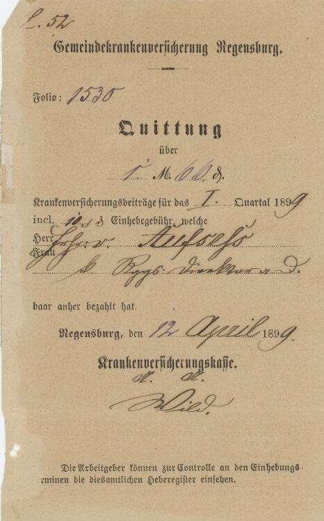 Gemeindeversicherung - Quittung - 12.04.1899