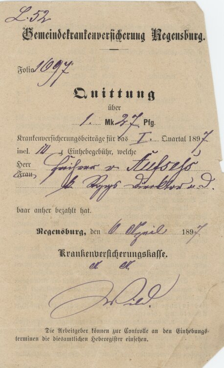 Gemeindeversicherung - Quittung - 12.10.1899