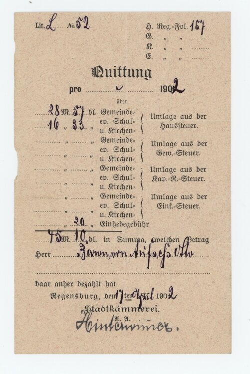 Stadtkämmerei - Quittung - 17.04.1902