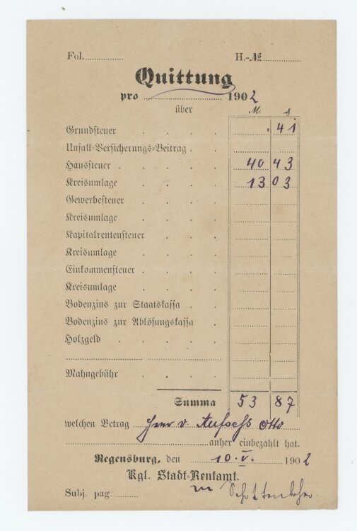 Königliches Stadt-Rentamt - Quittung - 10.05.1902