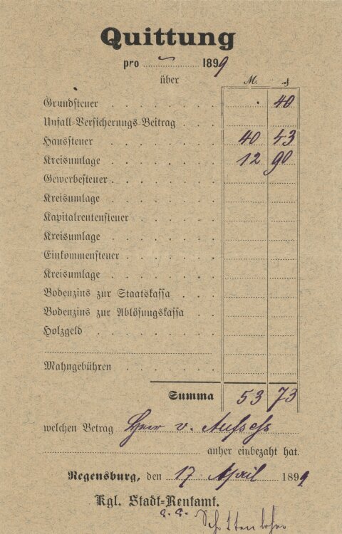 Königliches Stadt-Rentamt - Quittung - 17.04.1891
