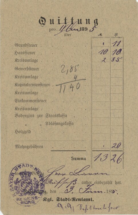 Königliches Stadt-Rentamt - Quittung - 03.01.1895
