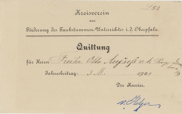 Kreisverein zur Förderung des Taubstummen-Unterrichts in der Oberpfalz - Quittung - 1901