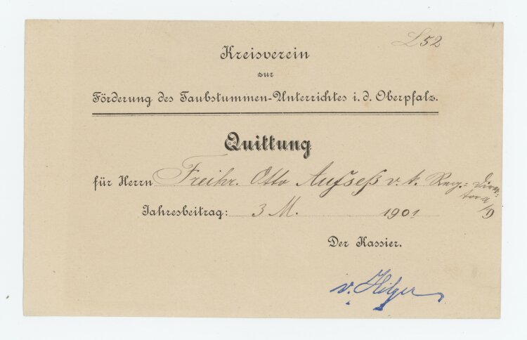 Kreisverein zur Förderung des Taubstummen-Unterrichts in der Oberpfalz - Quittung - 1901