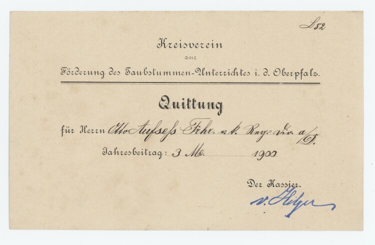Kreisverein zur Förderung des Taubstummen-Unterrichts in der Oberpfalz - Quittung - 1900