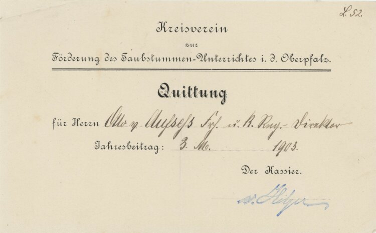 Kreisverein zur Förderung des Taubstummen-Unterrichts in der Oberpfalz - Quittung - 1903