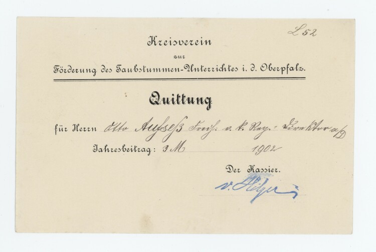 Kreisverein zur Förderung des Taubstummen-Unterrichts in der Oberpfalz - Quittung - 1902