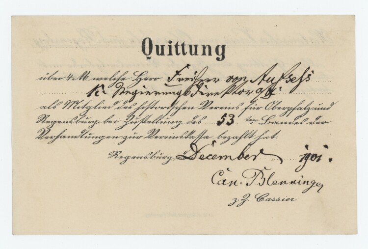 Historischer Verein von Oberpfalz und Regensburg - Quittung - 12.1901