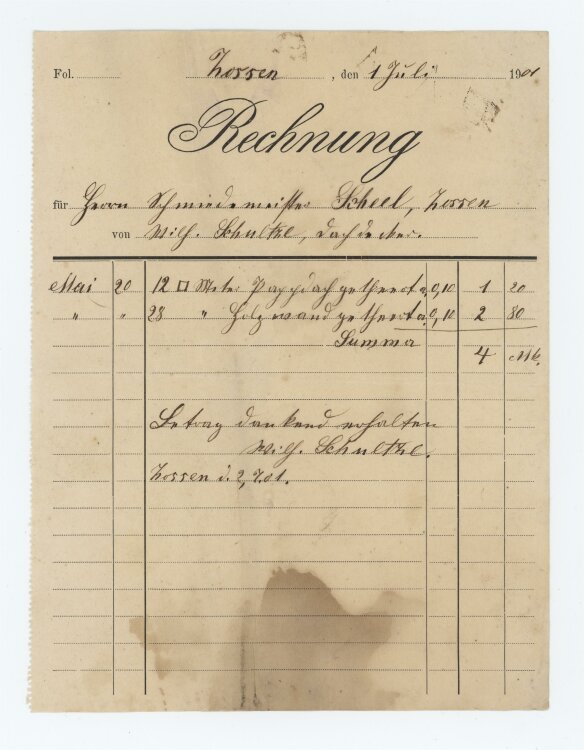 Dachdecker Wilhelm Schultze - Rechnung - 01.07.1901
