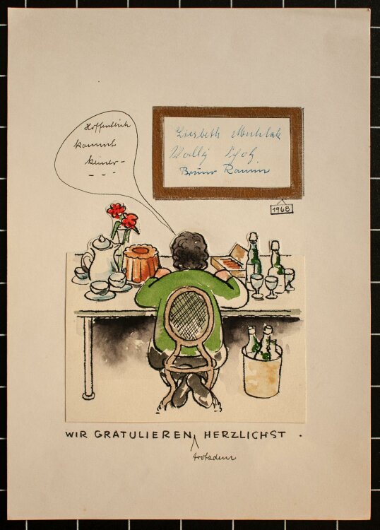 Bruno Ramin - Gratulation / Grußkarte - aquarellierte Tuschezeichnung - 1968