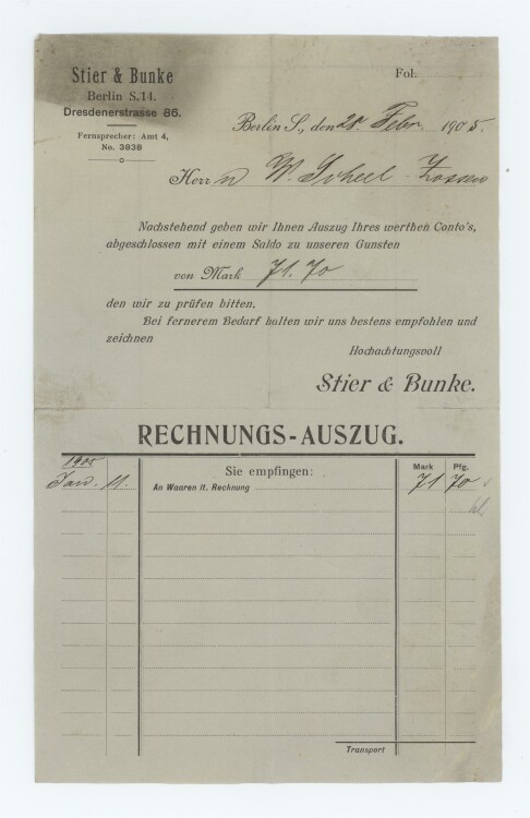 Stier & Bunke - Rechnung - 28.02.1905