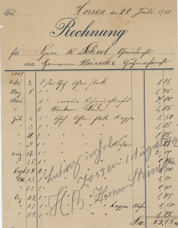 Hermann Steinecke Schuhmachermeister - Rechnung - 29.07.1911