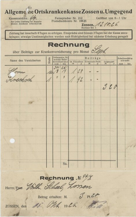 Allgemeine Ortskrankenkasse - Rechnung - 13.10.1926
