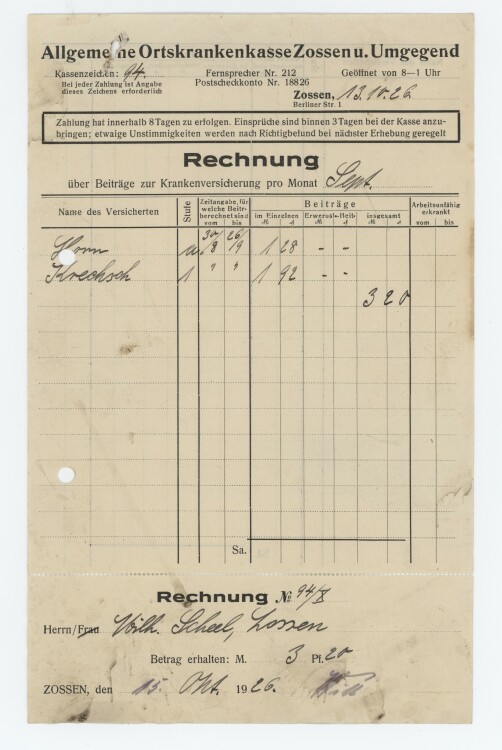 Allgemeine Ortskrankenkasse - Rechnung - 13.10.1926