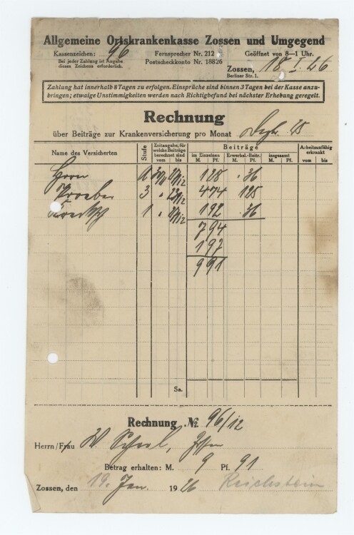 Allgemeine Ortskrankenkasse - Rechnung - 18.01.1926