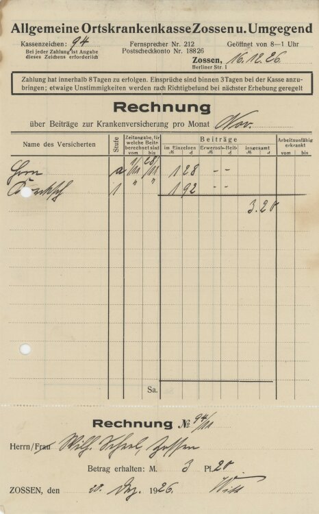 Allgemeine Ortskrankenkasse - Rechnung - 16.12.1926