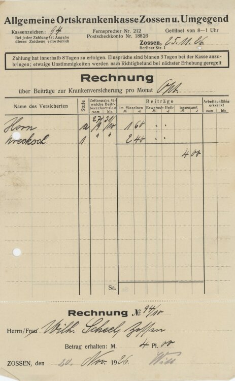 Allgemeine Ortskrankenkasse - Rechnung - 25.11.1926