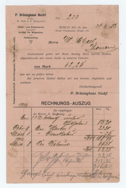 P. Brüninghaus Nachfolger - Rechnung - 30.06.1912