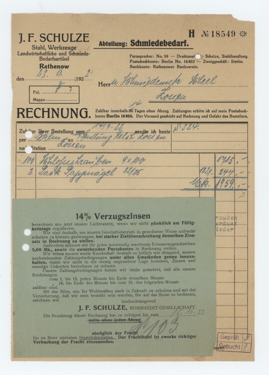 J. F. Schulze Landwirtschaftliche und Schmiede-Bedarfsartikel - Rechnung - 23.09.1922