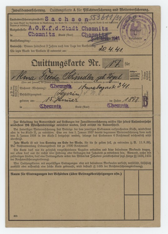 Allgemeine Ortskrankenkasse der Stadt - Quittung - 20.04.1941