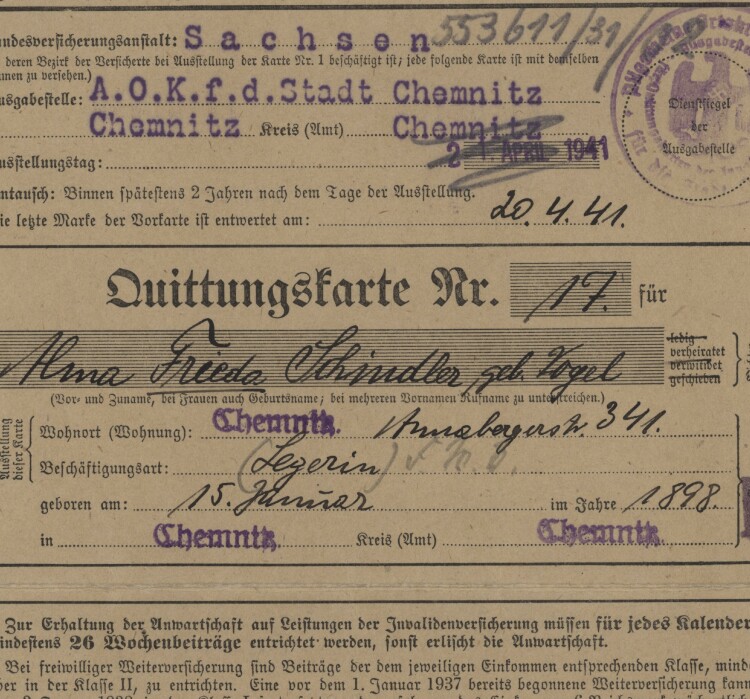 Allgemeine Ortskrankenkasse der Stadt - Quittung - 20.04.1941