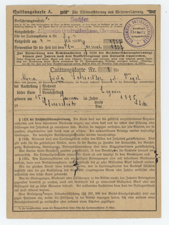 Allgemeine Ortskrankenkasse der Stadt - Quittung - 31.01.1927