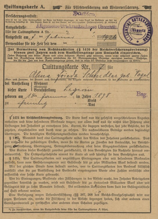 Allgemeine Ortskrankenkasse der Stadt - Quittung - 03.02.1926