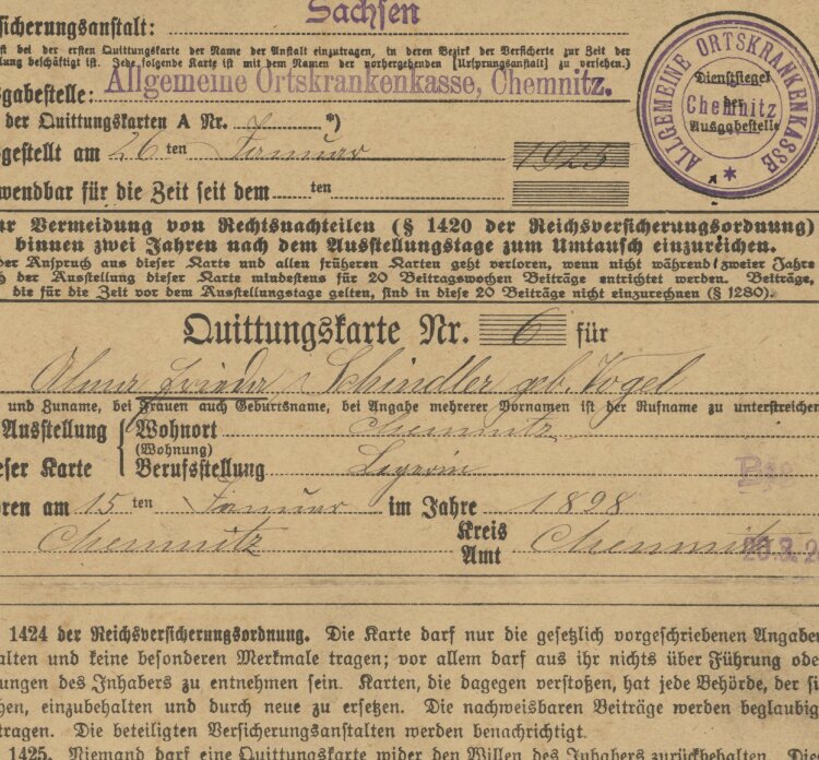 Allgemeine Ortskrankenkasse der Stadt - Quittung - 26.01.1923