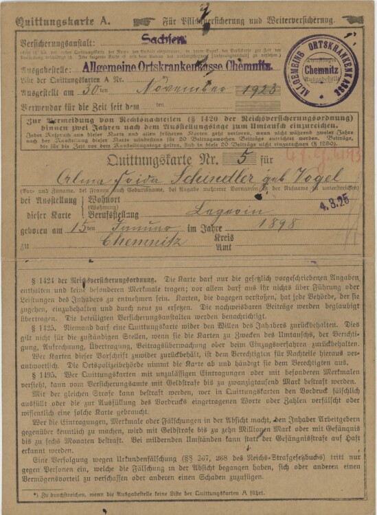 Allgemeine Ortskrankenkasse der Stadt - Quittung - 30.11.1923