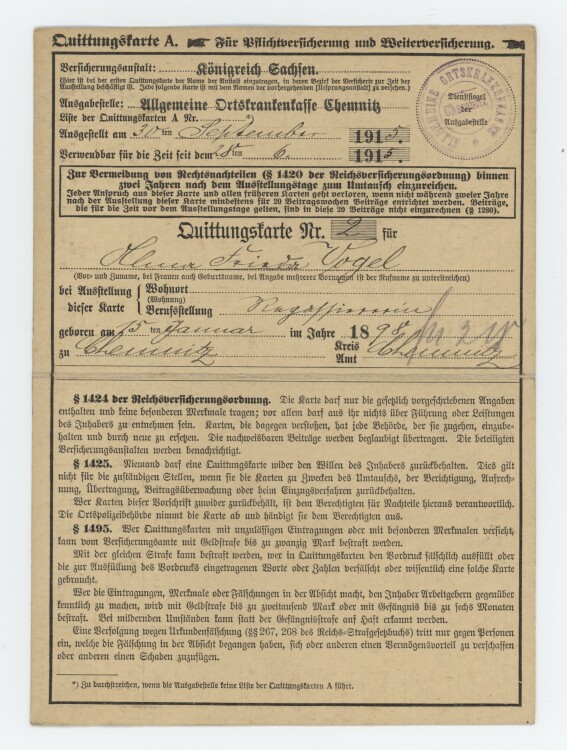 Allgemeine Ortskrankenkasse - Quittung - 28.06.1915