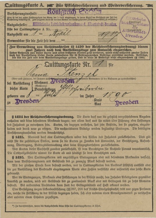 Militärische Betriebskrankenkasse - Quittung - 01.04.1917