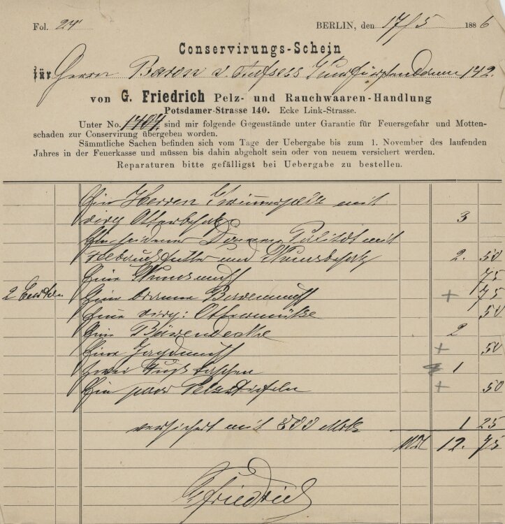 G. Friedrich Pelz- und Rauchwaren-Handlung - Rechnung - 17.05.1882